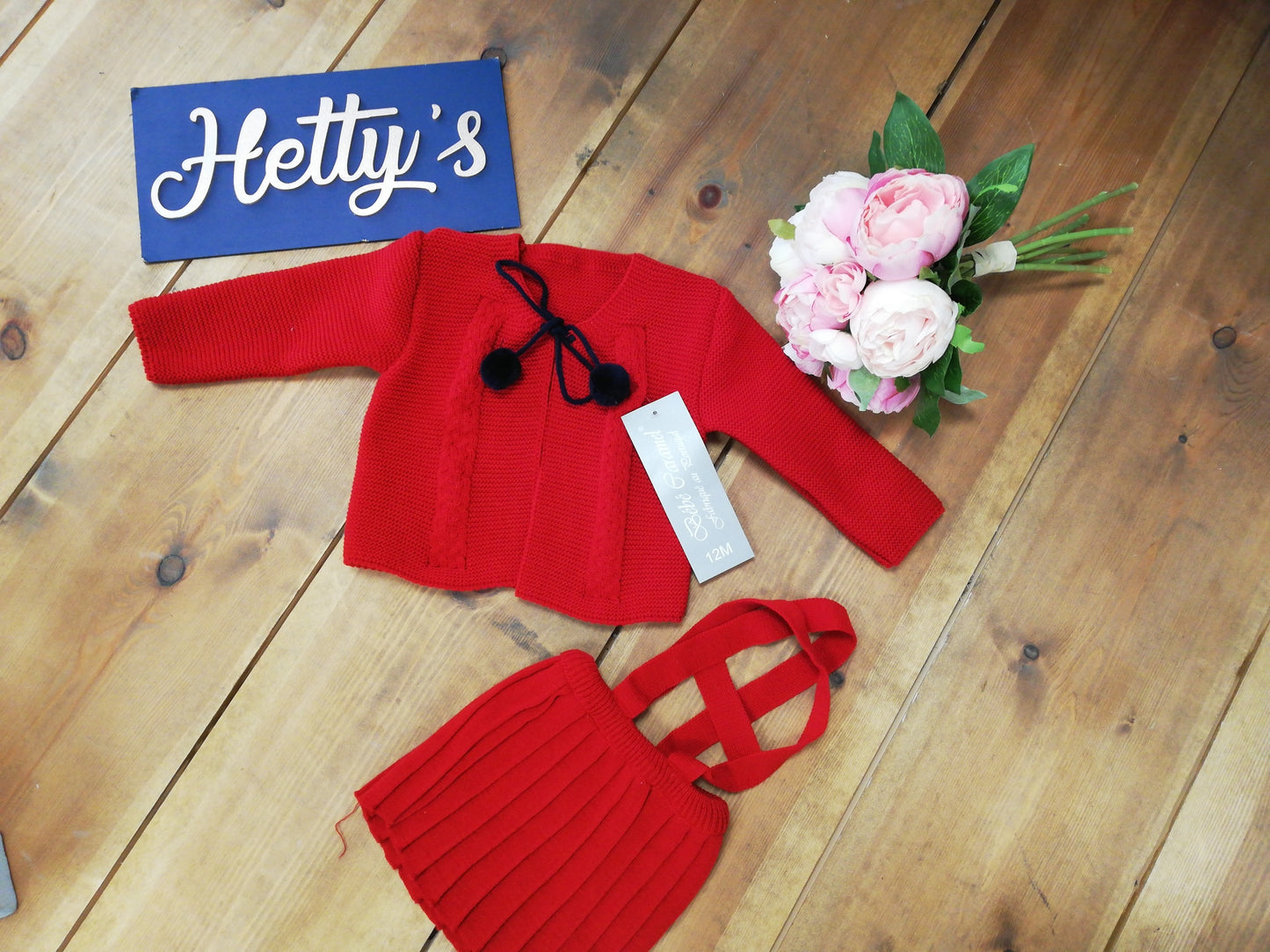 “Penny” Red Pom Cardigan & Braces Skirt Set - Hetty's Baby Boutique