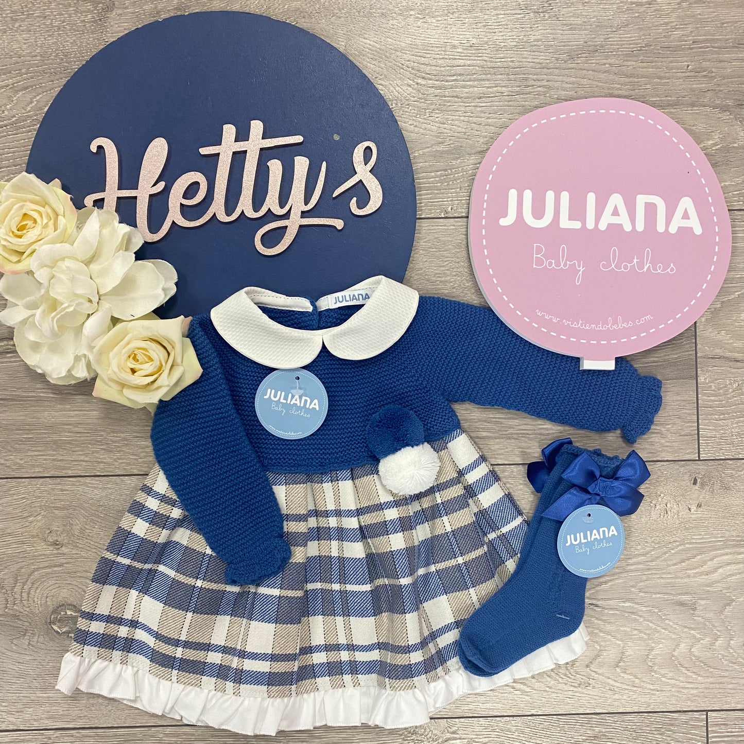 Juliana Blue Knit & Camel Check Dress