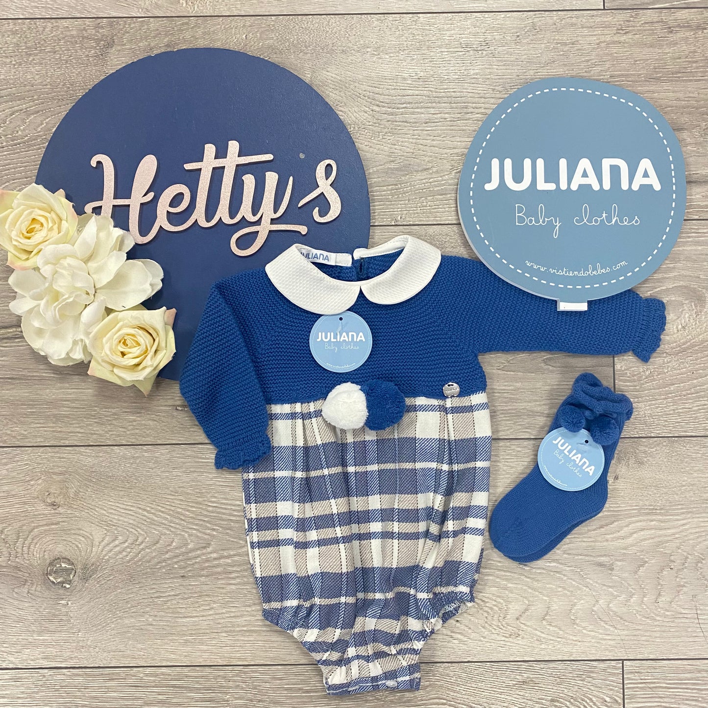 Juliana Blue Knit & Camel Check Romper