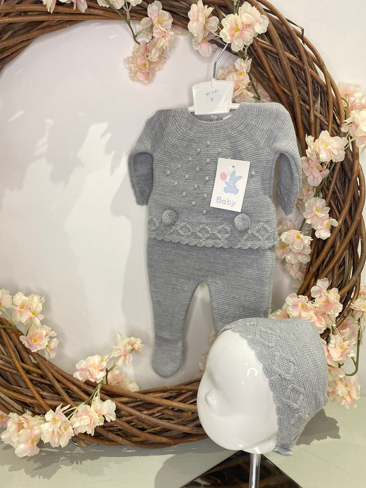 Grey Luxury Knitted Pom Three Piece Set
