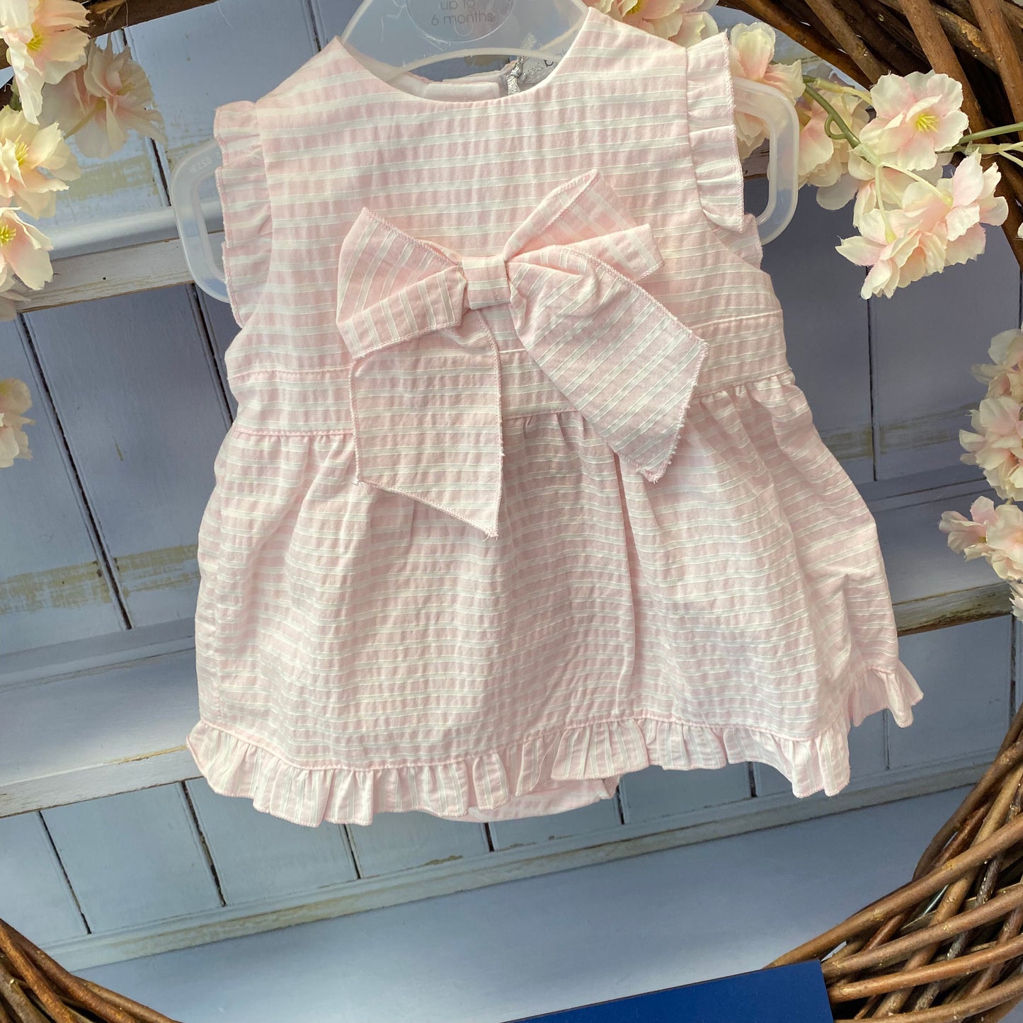 Blues Baby Pink Bow Stripe Dress & Knicker Set