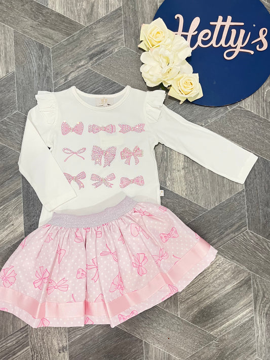 Caramelo Pink Diamanté Bow Skirt Set