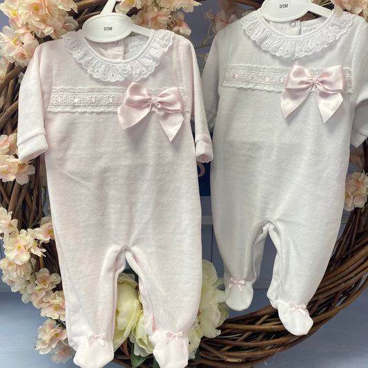 LN Pink/White Frilly Collar Lace and Bow Sleepsuit
