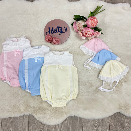 Frilly Collar Bow Romper With Sun Hat Set
