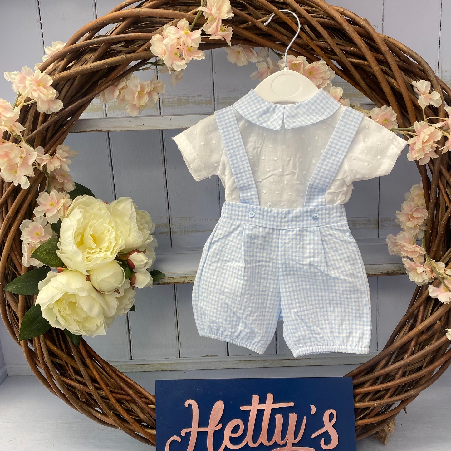 LN Baby Blue Gingham Romper And Shirt Set