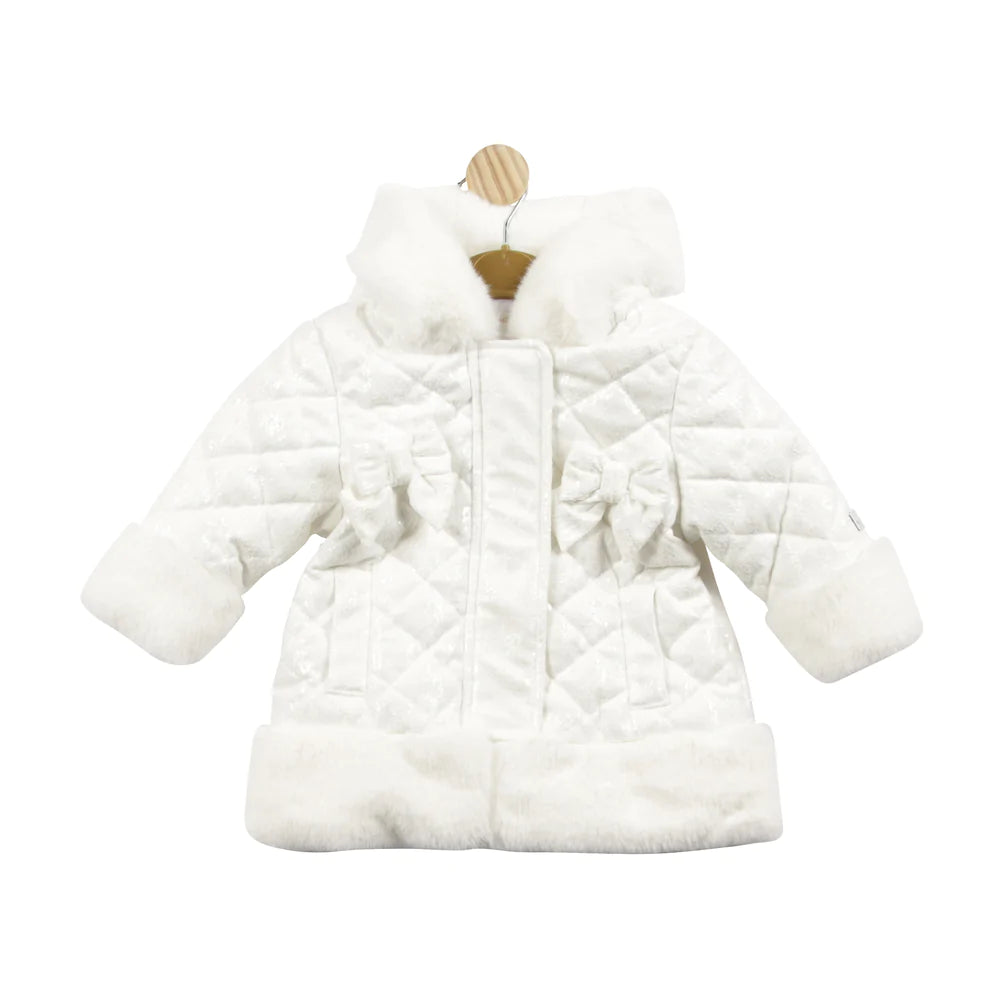 Mintini White Iridescent Bow & Fur Coat