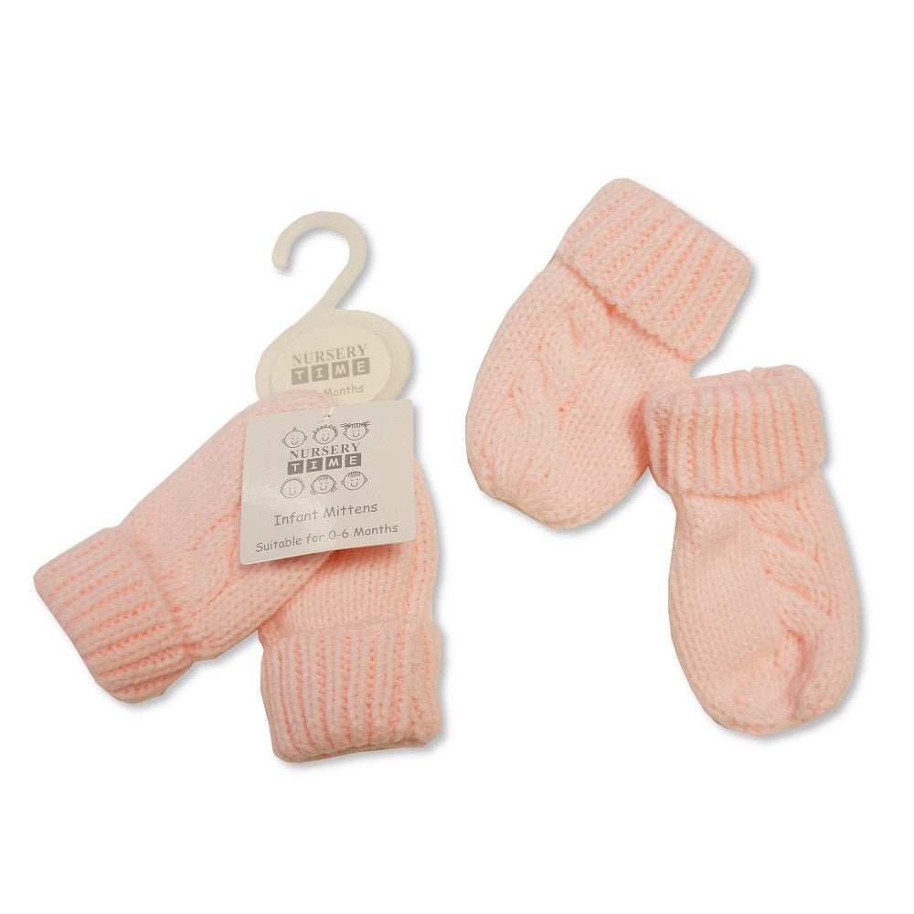 Cable Knitted Mittens Blue Pink or Grey