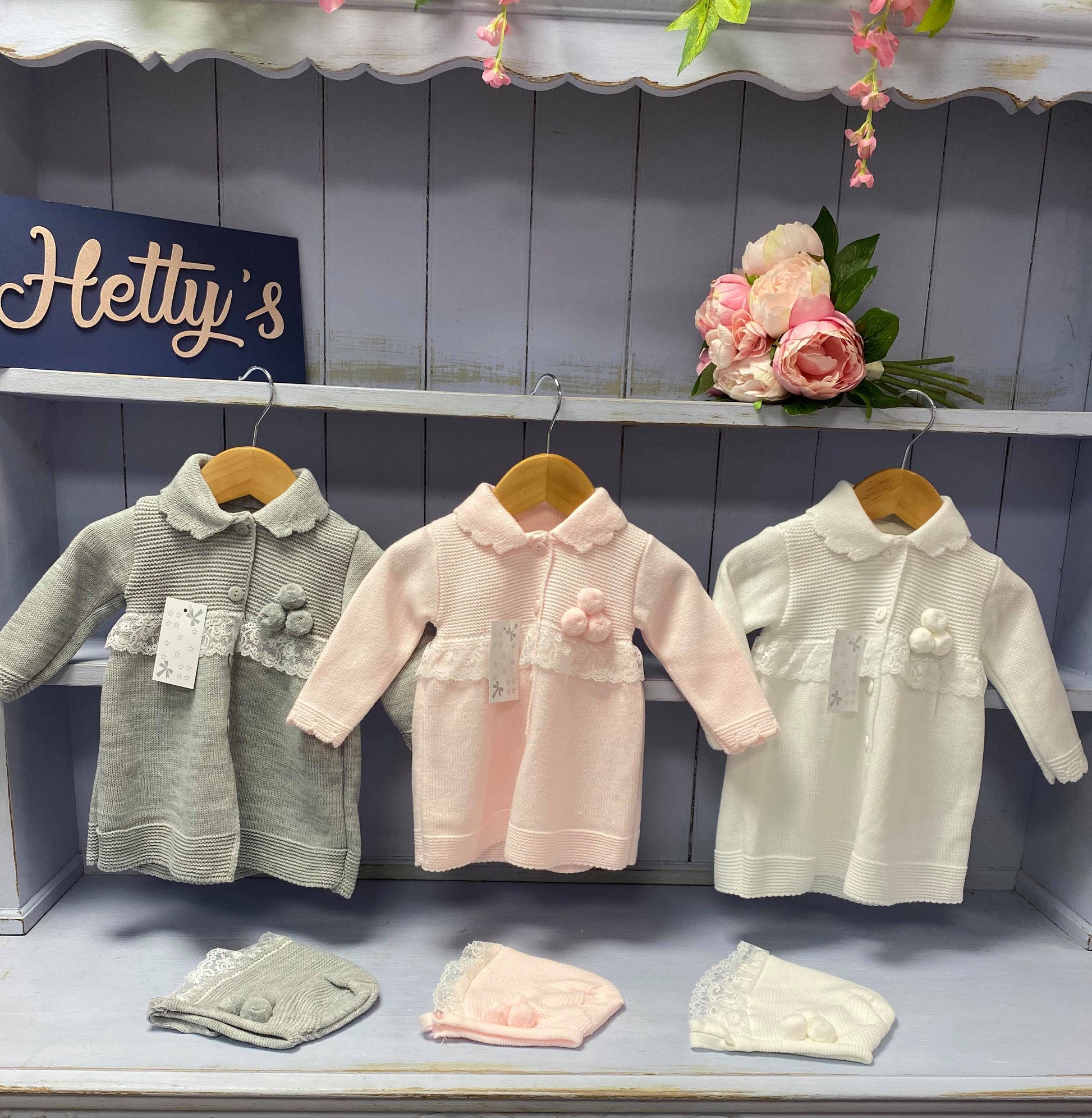 "Larna" Pom Pram Coat With Lace Detail And Bonnet - Hetty's Baby Boutique