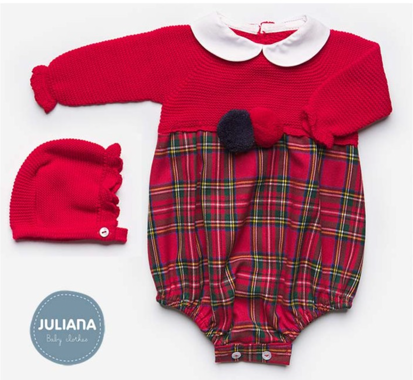 Juliana Red Knit Tartan Romper & Bonnet