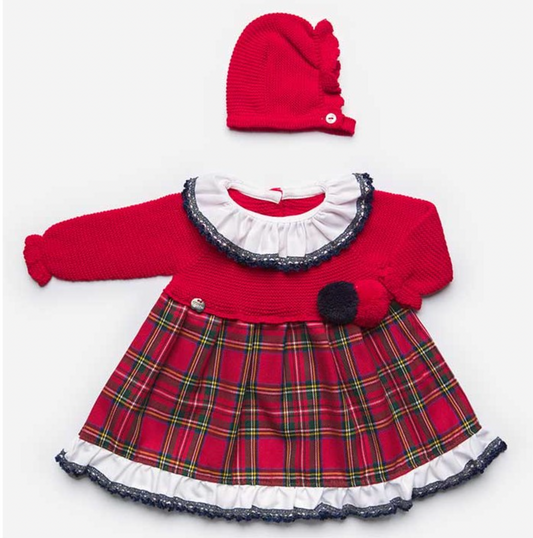 Juliana Red Knit Tartan Dress & Bonnet