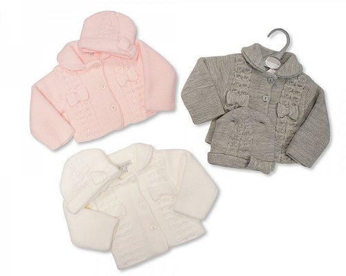 Pink or White knitted pram coat cardigan with hat