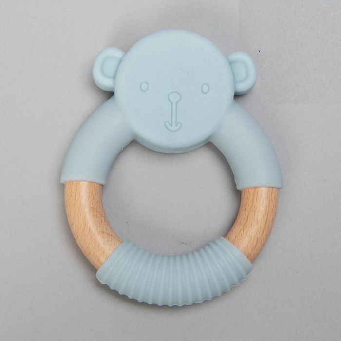 Wood & silicone teddy teething rattle - pink, grey or blue