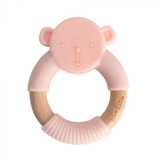 Wood & silicone teddy teething rattle - pink, grey or blue