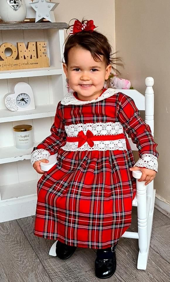 "Eve" 18/24/36M Grey or Red Tartan Dress With Lace Detail - Hetty's Baby Boutique