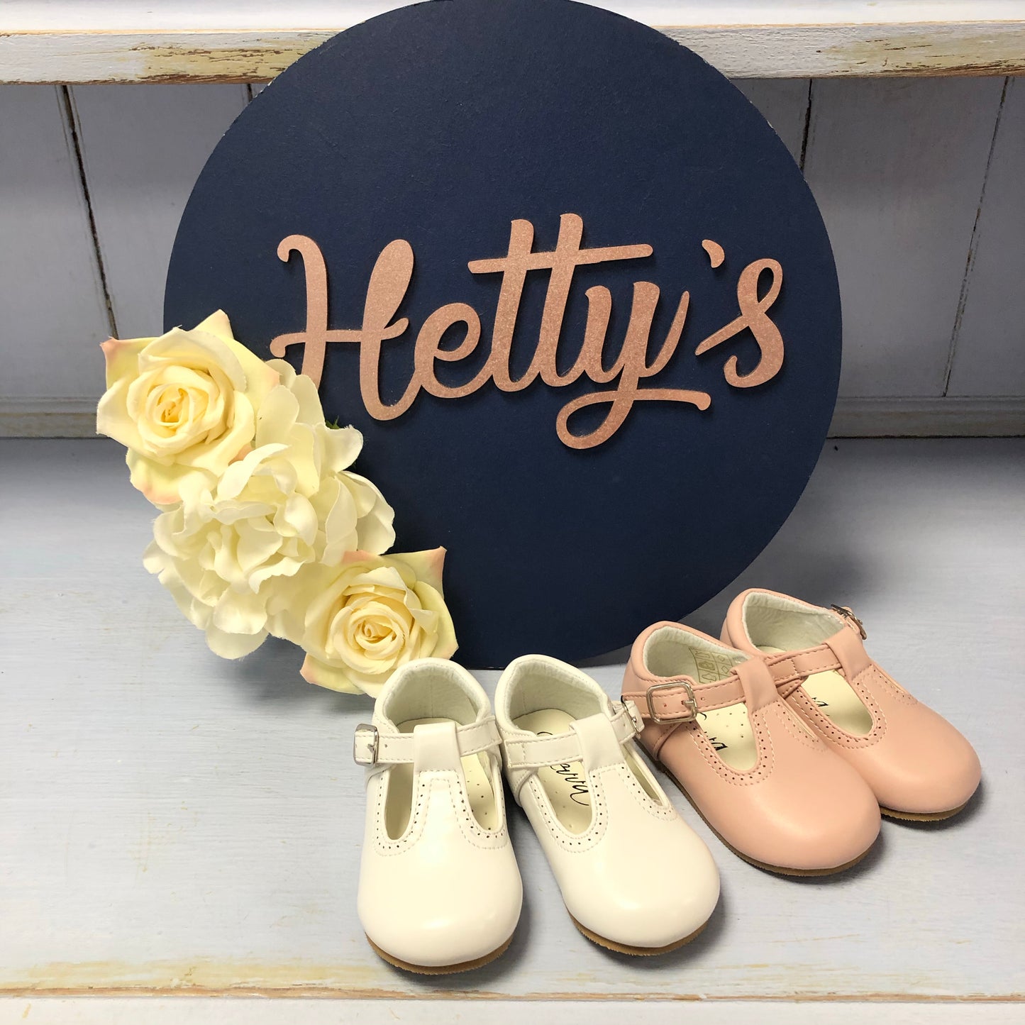 “Amelia” White Hard Sole T Bar Shoes