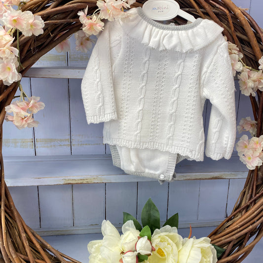 White & Grey Knitted jam pant and bonnet set