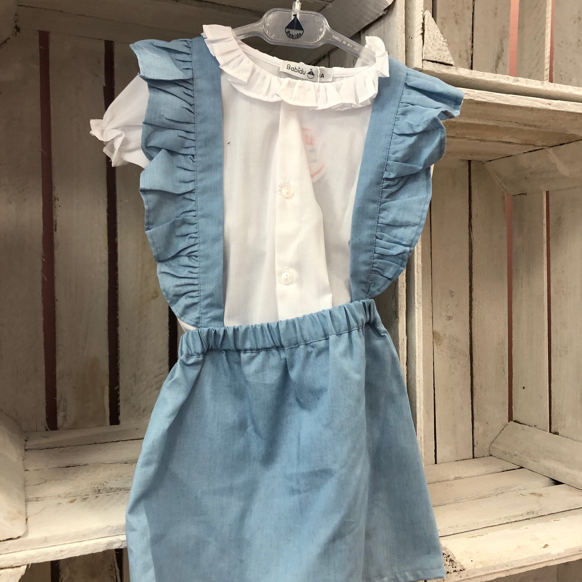 “Sabrina” 4Years Blue Dungaree Dress with Blouse - Hetty's Baby Boutique