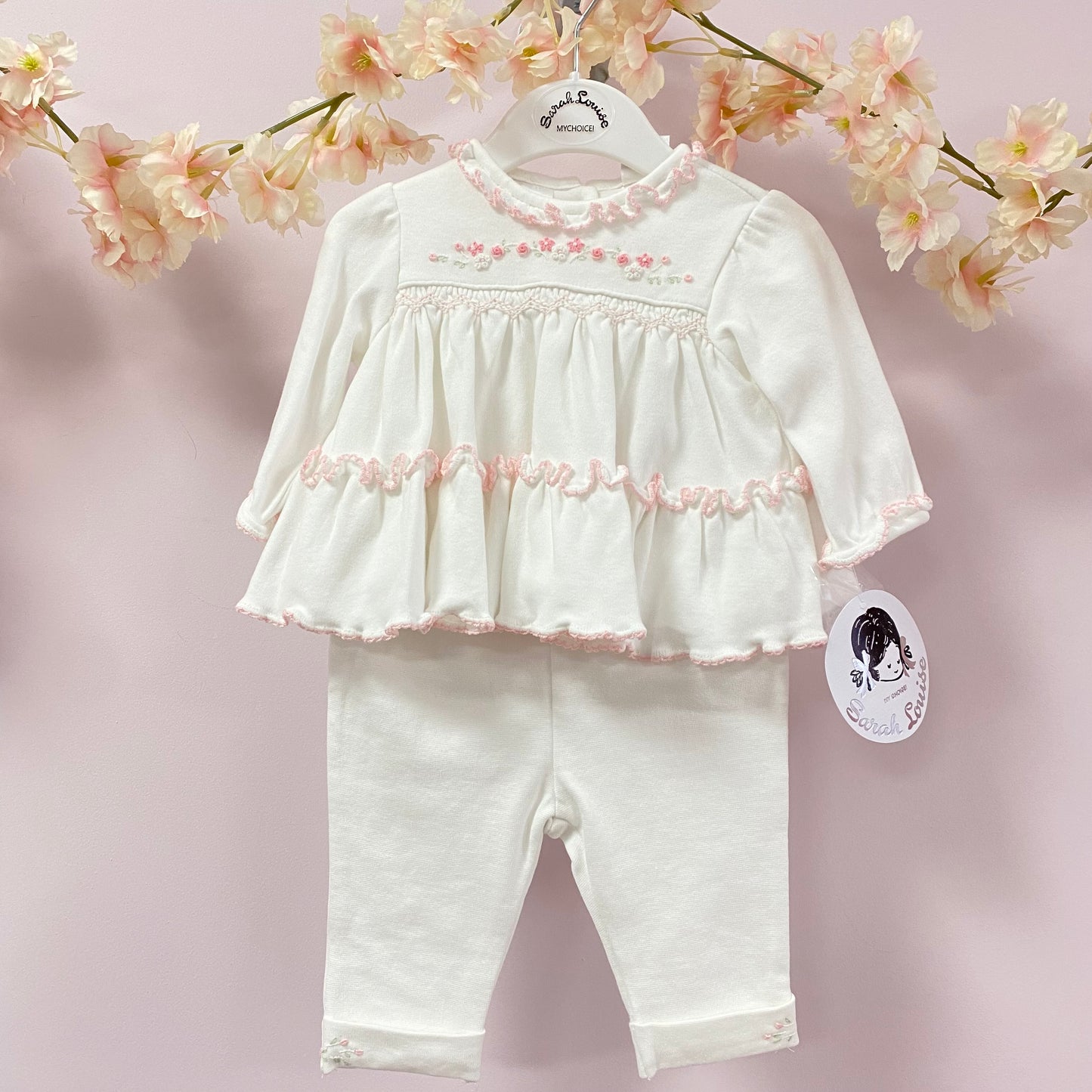 Sarah Louise White Cotton Two Piece Set With Pink Embroidery