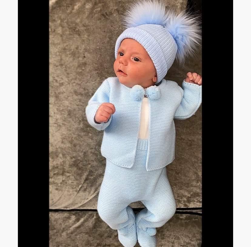 Dandelion Charley Baby Blue Pom Pom Knitted Pram Suit - Hetty's Baby Boutique