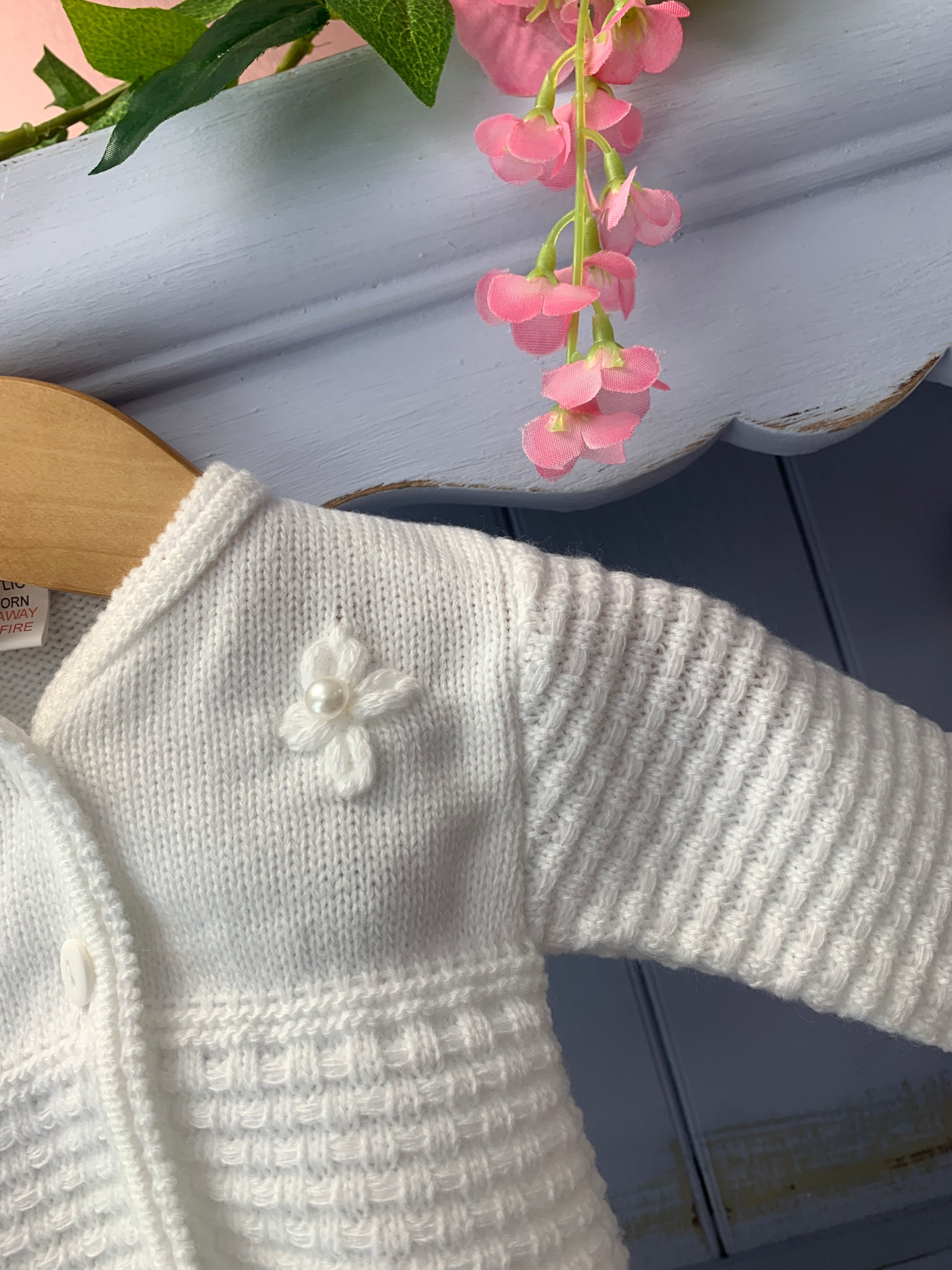 “Gabby” White Flower Pearl Cardigan - Hetty's Baby Boutique
