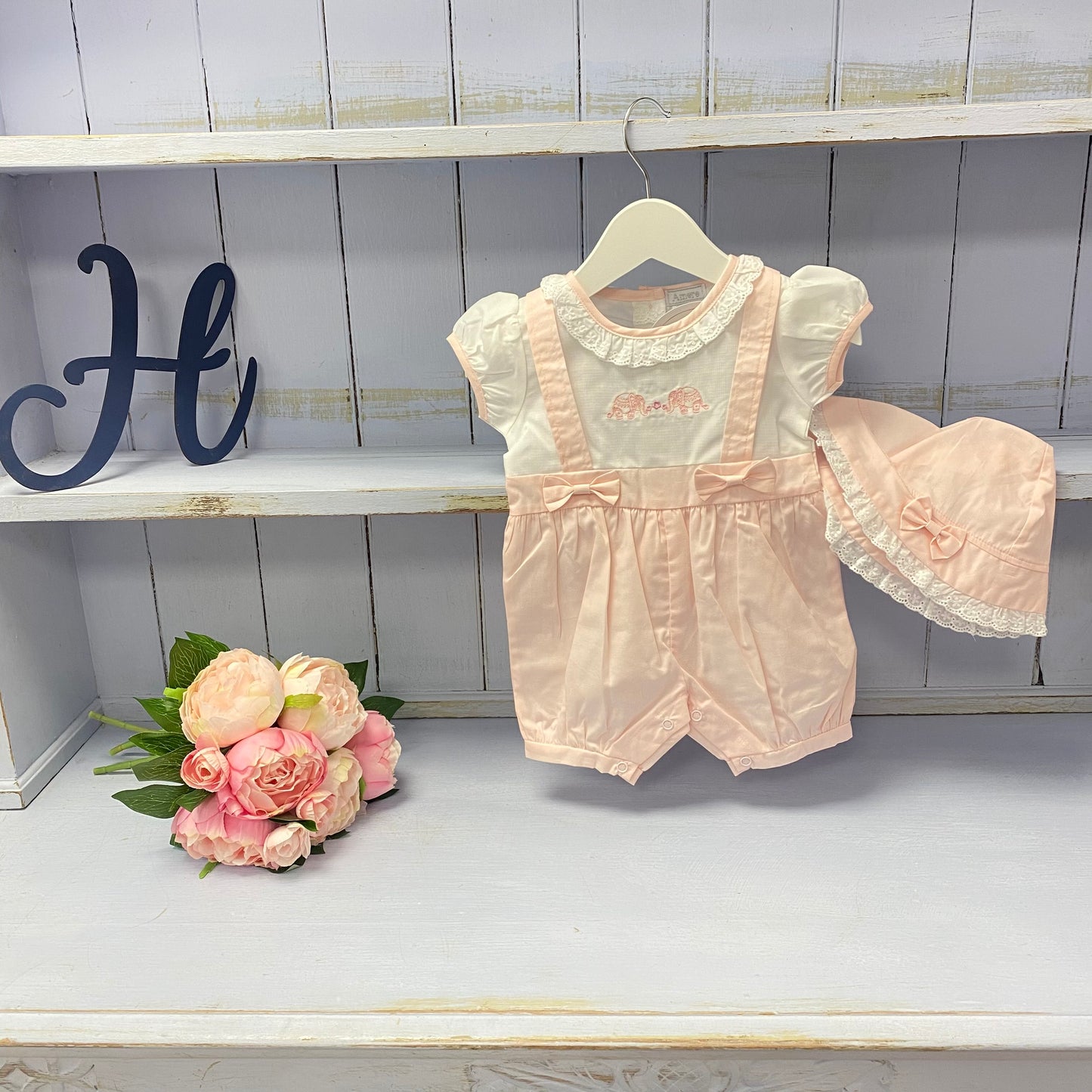 Elephant summer romper with matching hat