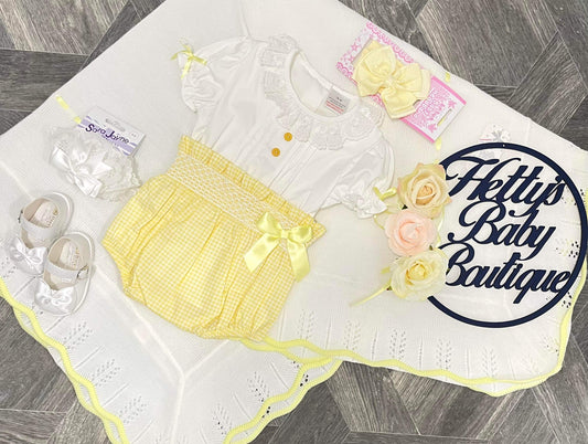 Lemon & White Gingham Frilly Collar jam pants set