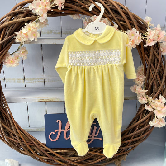 Lemon Smocked Velour Babygrow