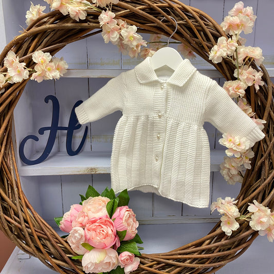 Dandelion White pearl button knitted pram coat