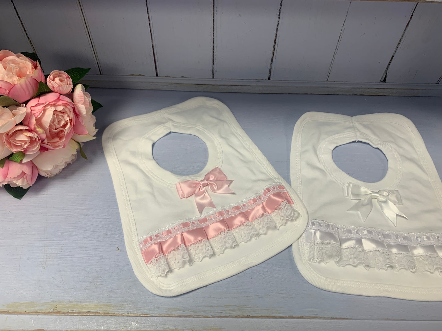 White & Pink Ribbon Bow Bib - Hetty's Baby Boutique