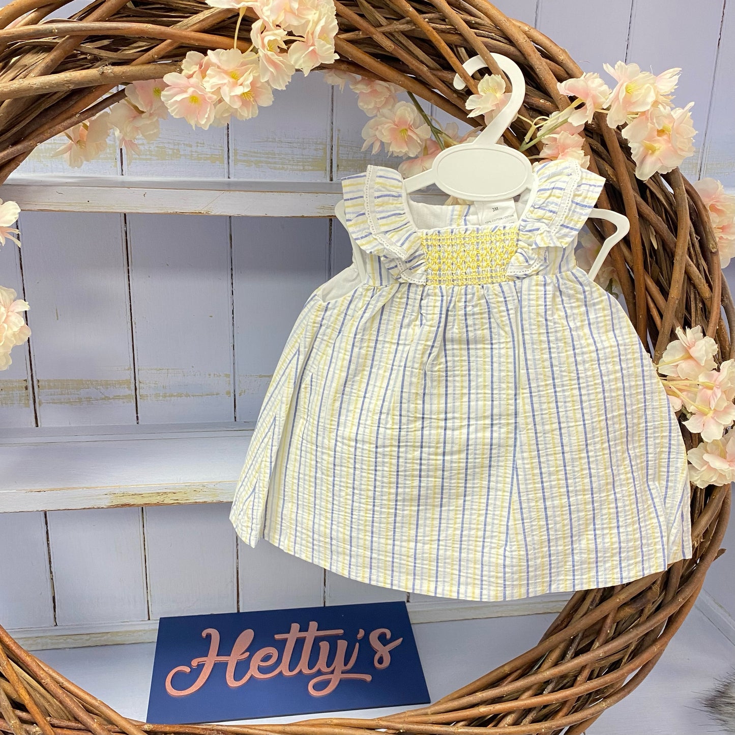 3M 6M 12M 18M 24M Lemon and blue stripe smock dress