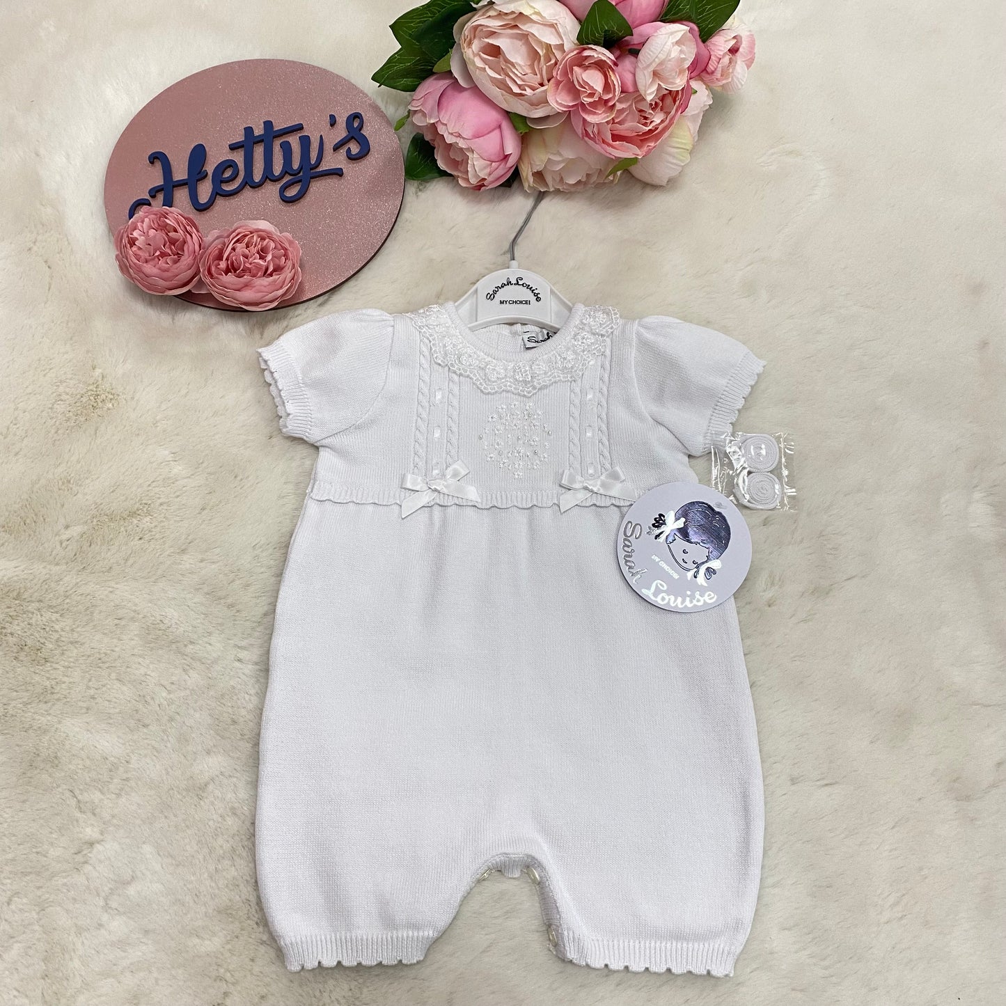 Sarah Louise White Knitted Romper with Bonnet