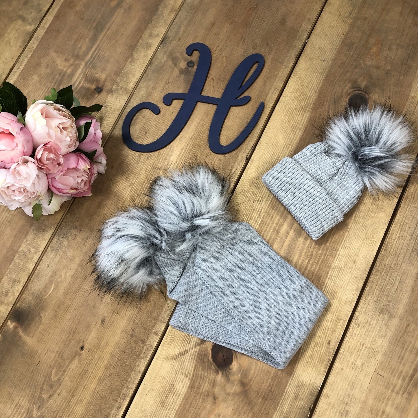 “Ralphy” Blue, White, Grey and Pink Pom Pom Scarves