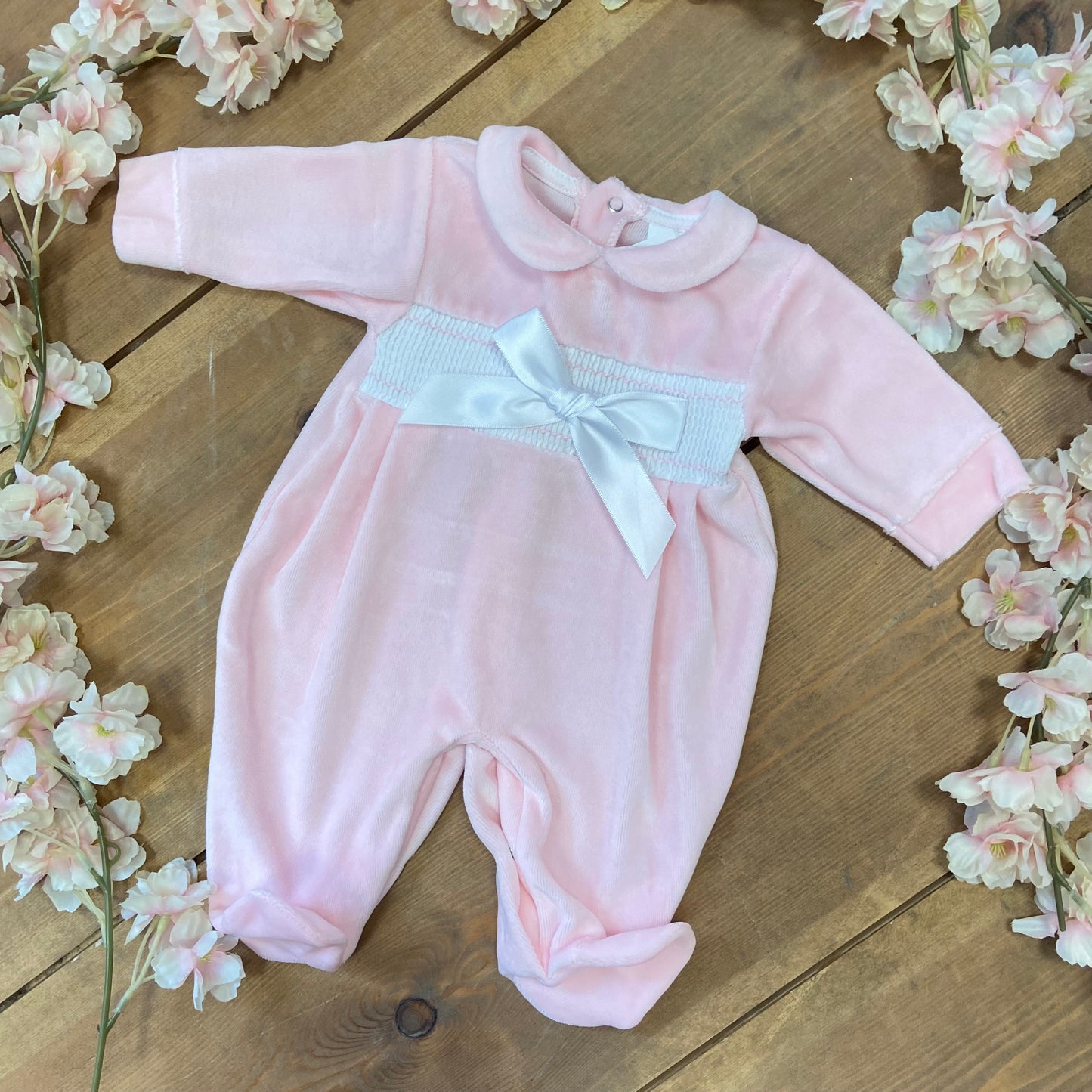 Pink Velour All In One Outfit With Bow