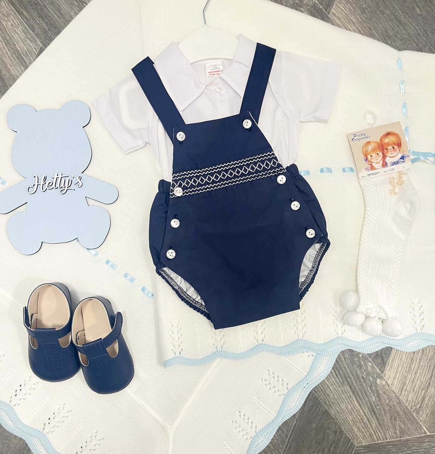 Boys navy dungaree with smocking