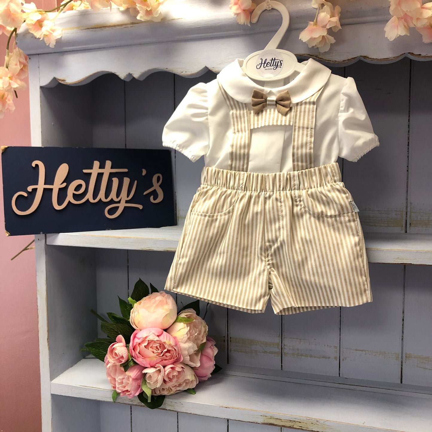 “Marley” Blue and Camel Stripe Dungaree Short Sets