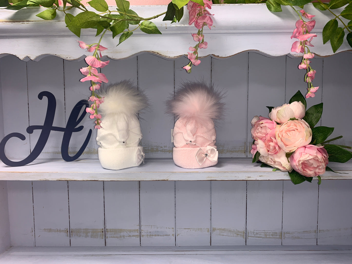 Ballerina Pink & White  Single Pom Diamonte Bow Hat - Hetty's Baby Boutique