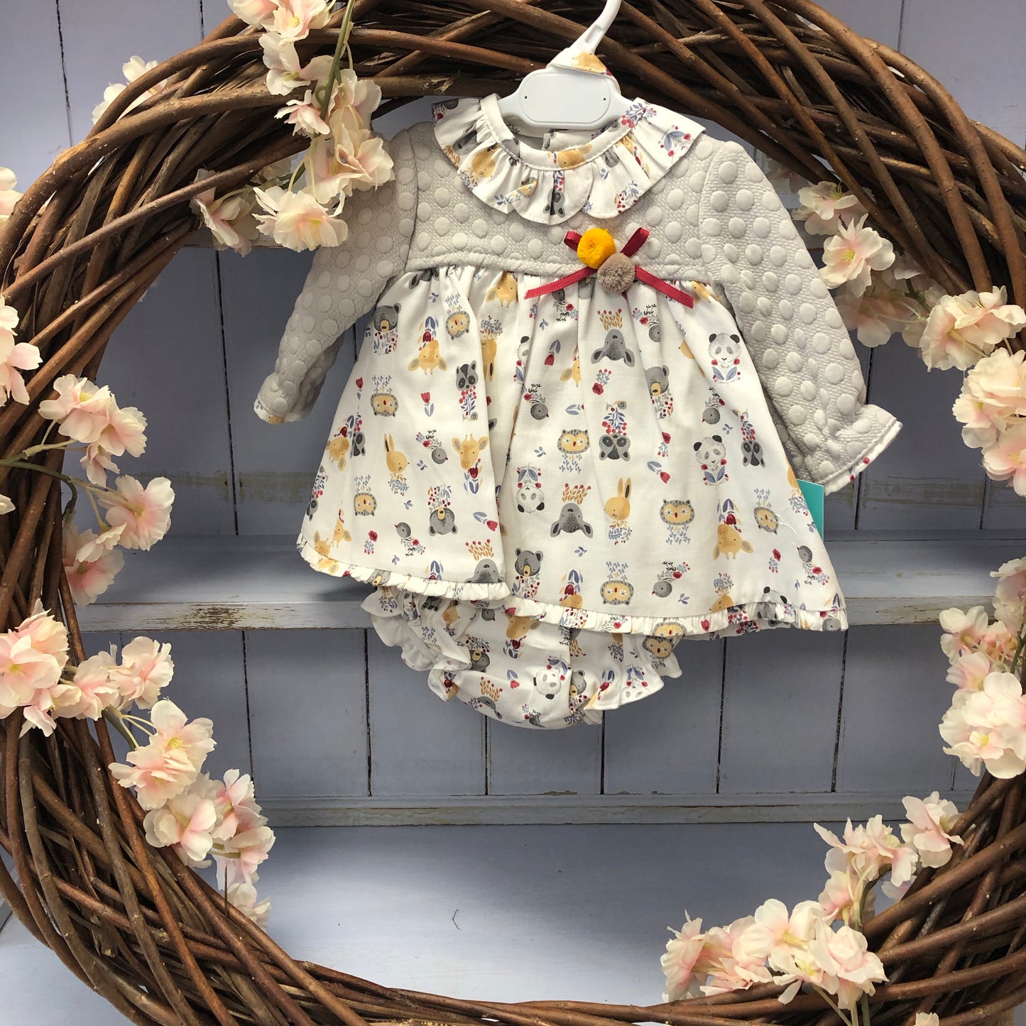 Luxury Grey Bear Spanish Printed Outfit with Bow