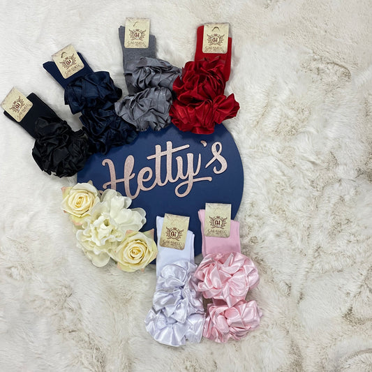 Caramelo “Darcie” Ruffle Satin Knee High Socks