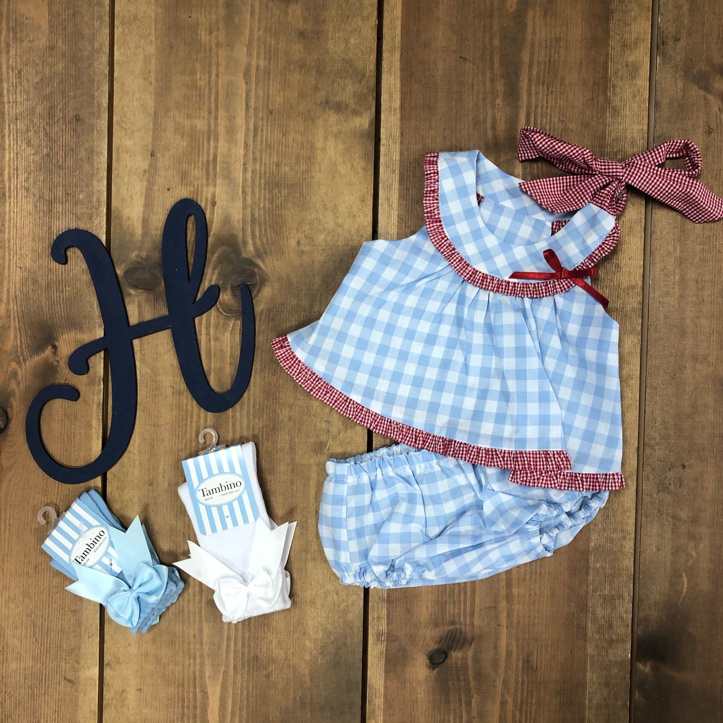 ** 18M & 24M ** Red and Blue Gingham Frilly Jam Pants Set