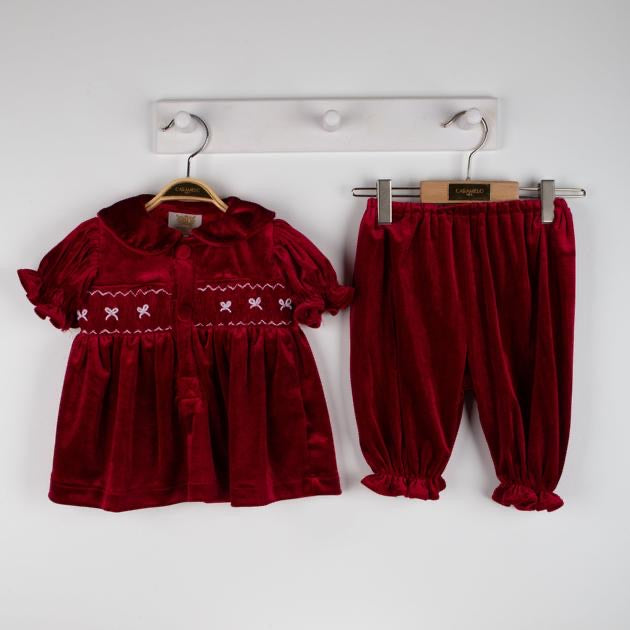 Red Caramelo Luxury Velvet Smock Pyjamas - Hetty's Baby Boutique