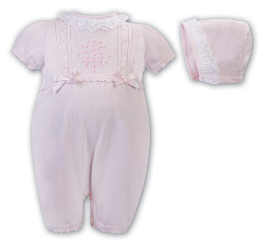Sarah Louise Pink Knitted Romper with Bonnet