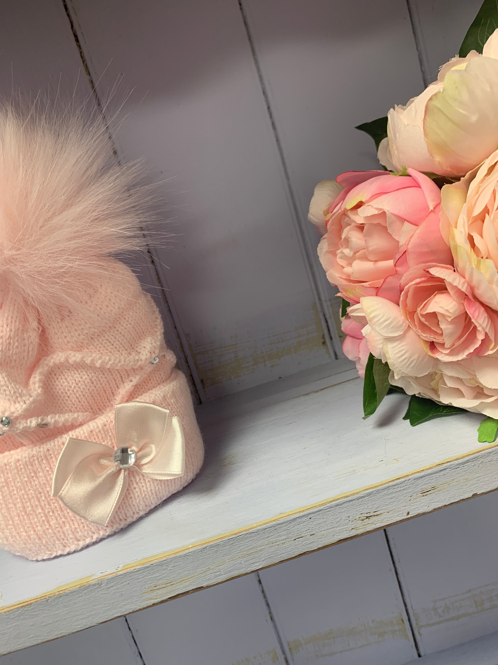 Ballerina Pink & White  Single Pom Diamonte Bow Hat - Hetty's Baby Boutique