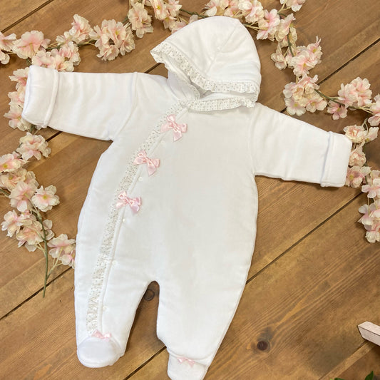 White Snowsuit With Pink Bows & Polka Detail