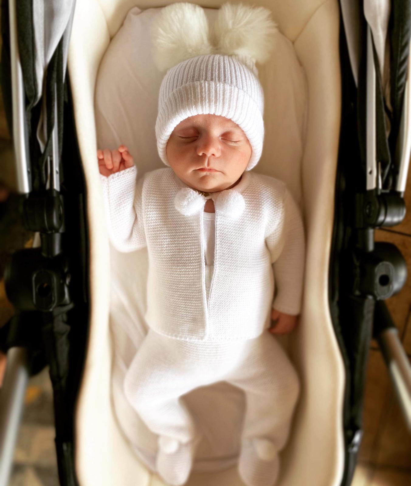 Dandelion Charley White Pom Pom Knitted Pram Suit - Hetty's Baby Boutique