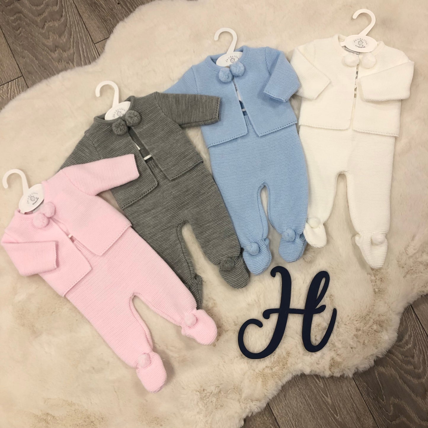 Dandelion Charley White Pom Pom Knitted Pram Suit - Hetty's Baby Boutique