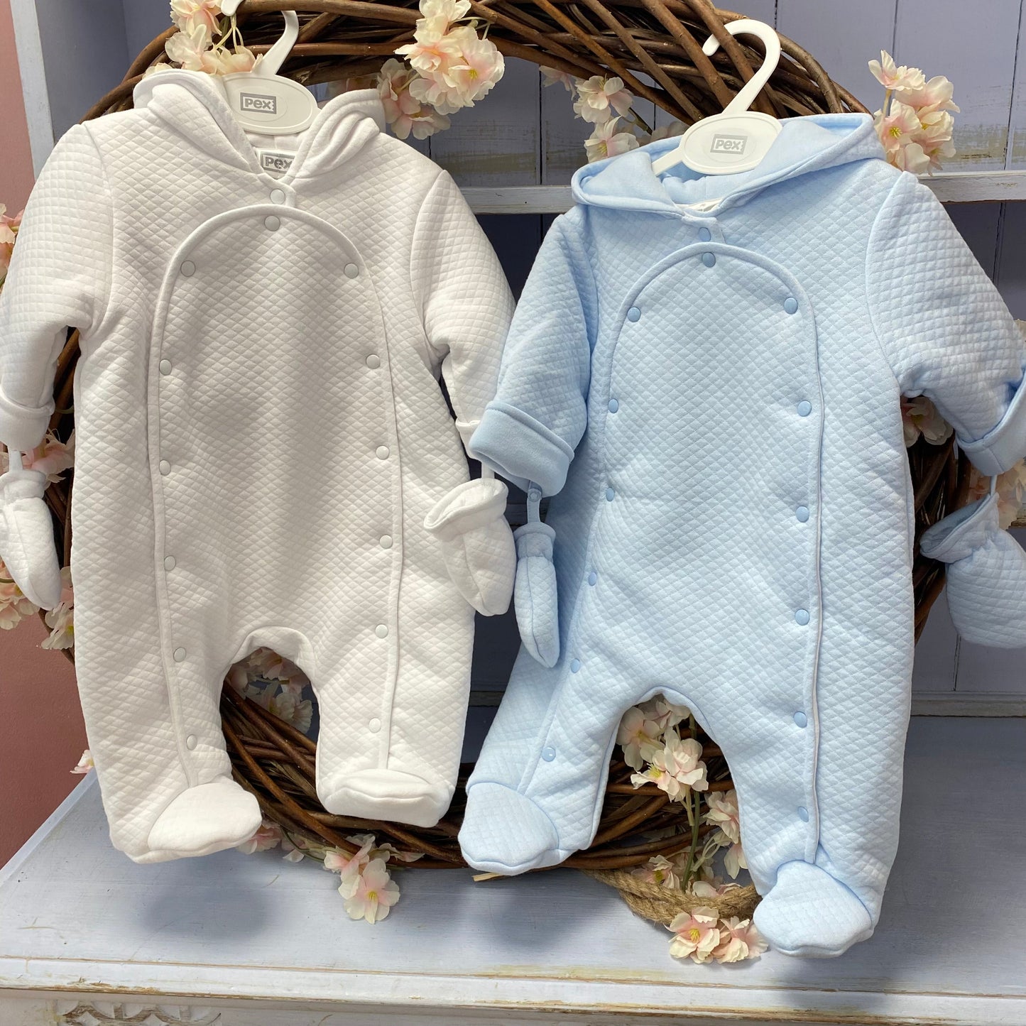 PEX Pip quilted snowsuit with mitts - blue or white