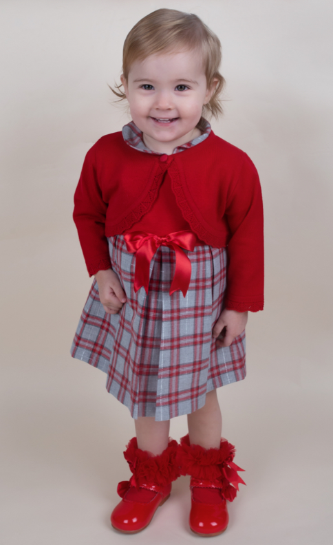 “Gala” Grey & Red Check Dress with Bolero Cardigan - Hetty's Baby Boutique