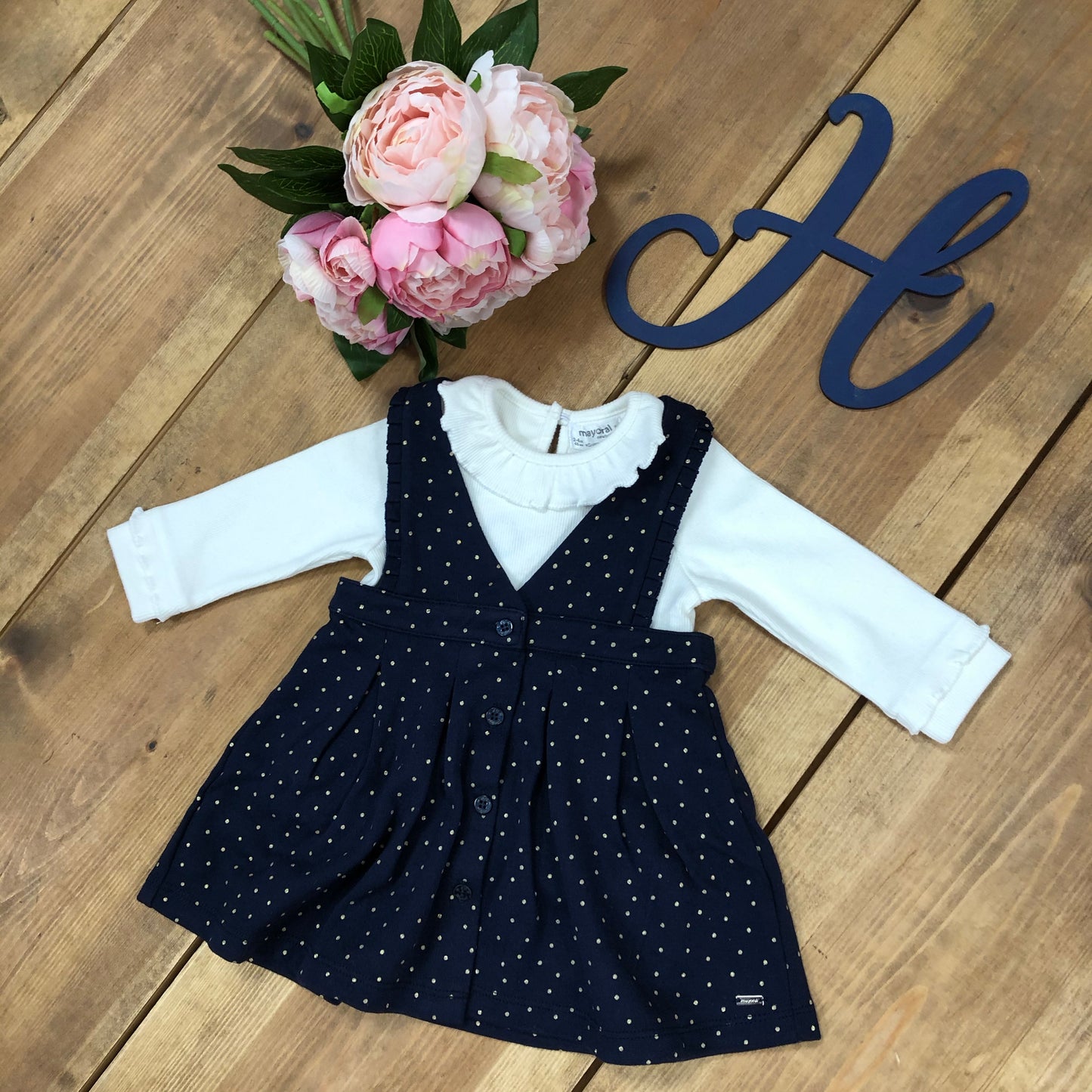 Mayoral Luxury Navy Pinafore Dress with Ivory Long Sleeve Top - Hetty's Baby Boutique