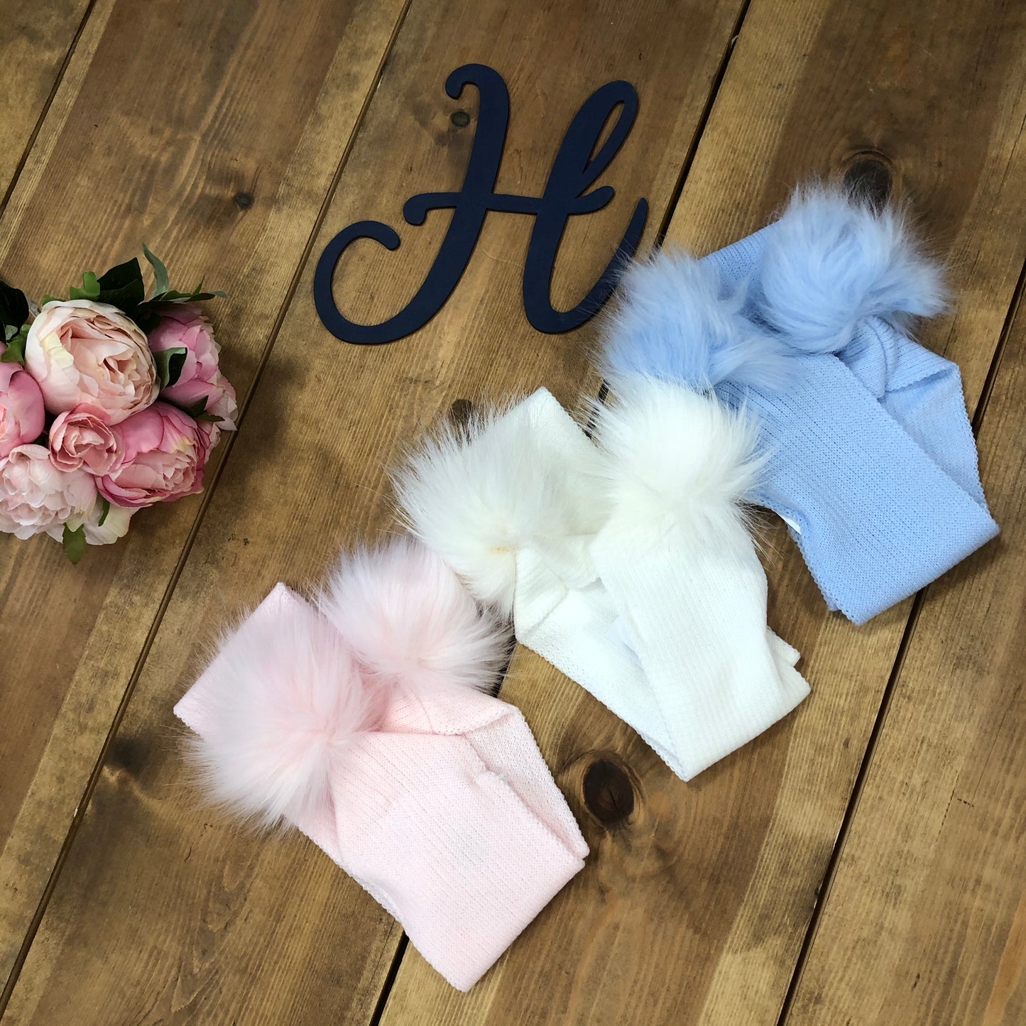“Charlie” Blue, White and Pink Pom Pom Scarves - Hetty's Baby Boutique