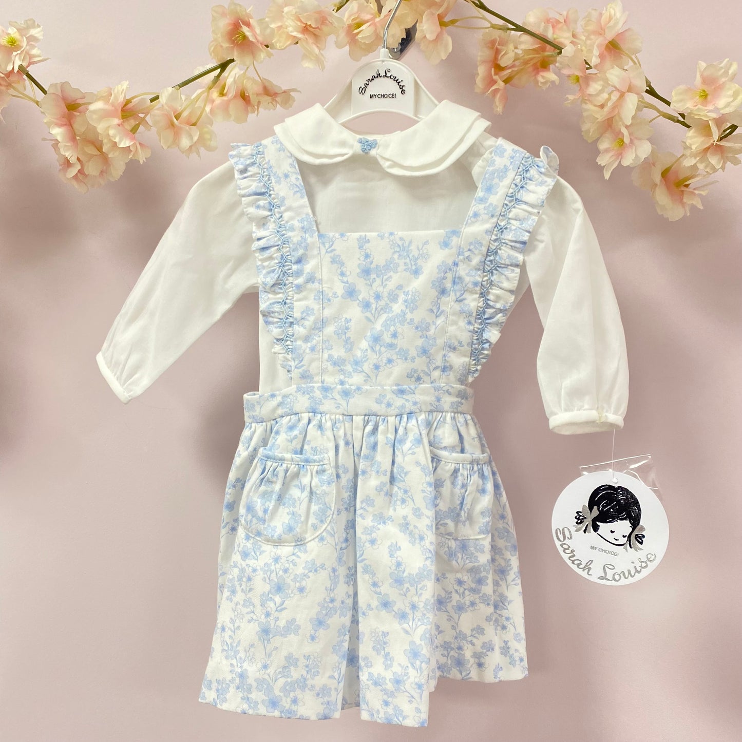 Sarah Louise Blue Floral Pinafore Dress Set